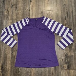 Allegrak Womens Size L Top Striped Long Sleeve Pullover Purple Gray Y2K Shirt